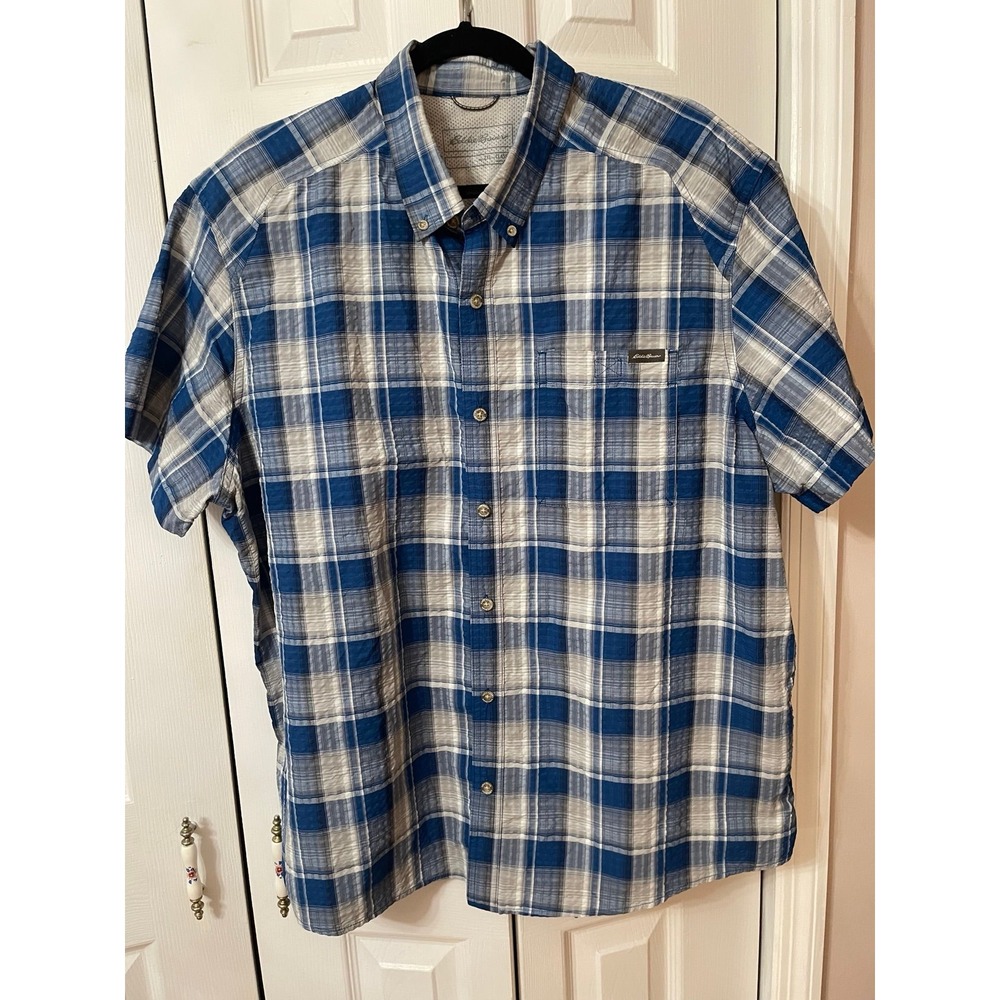Eddie Bauer Collar Short Sleeve Blue/cream/ White Plaid Button Down Casual XXL